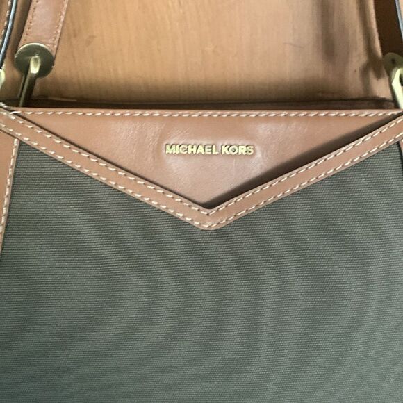 Michael Kors Raven olive green canvas tan leather satchel shoulder bag NWT - Picture 3 of 12